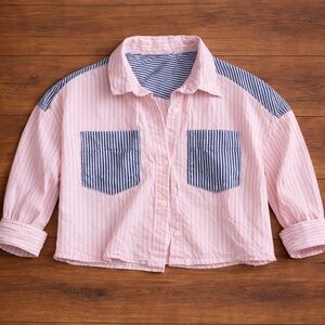 Striped Pink and Blue Button Down Shirt cropped